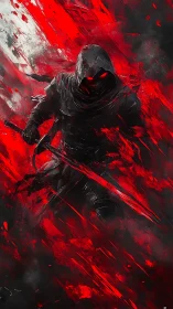 Hooded figure with sword amid red and black abstraction.