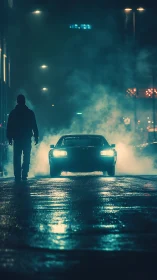 Silhouetted person walks toward car headlights in misty street
