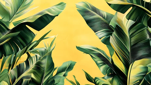 Sunlit banana leaves dancing against citrus sky backdrop.