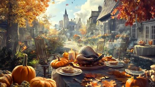 Cozy autumn village feast with golden turkey and pumpkins.