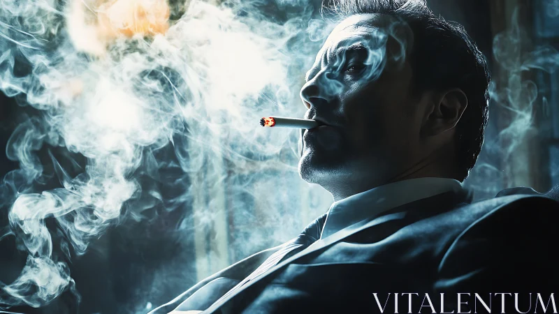 Smoke curls crown a pensive man in moody teal light