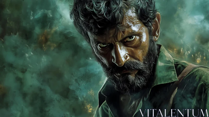 Bearded man glares through smoky green atmospheric haze