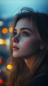 Low‑light bokeh portrait with cinematic blue‑orange grading.