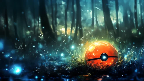 Luminous red sphere resting in bioluminescent forest clearing.