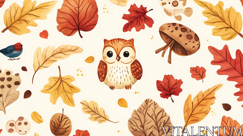 Autumn forest pattern with owl, leaves, birds, mushrooms.