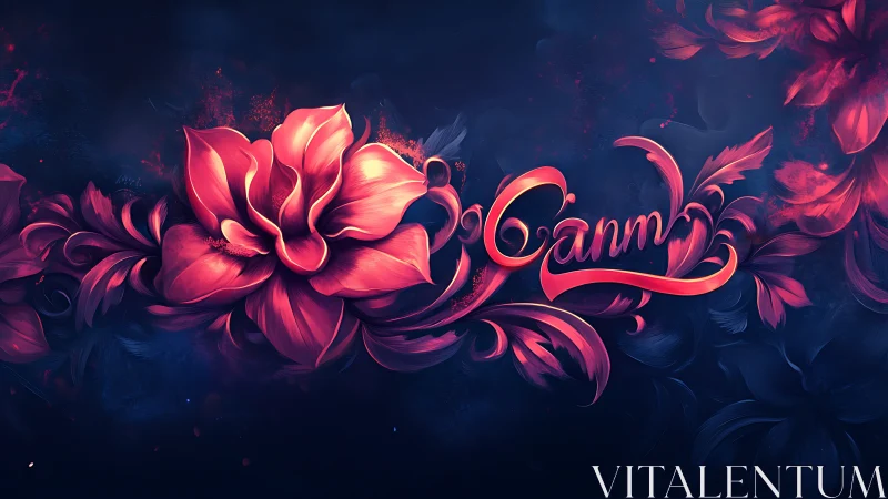 Luminous 3D floral composition with red peonies and decorative script text.