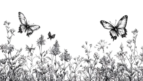 Butterflies above detailed wildflower line art meadow.