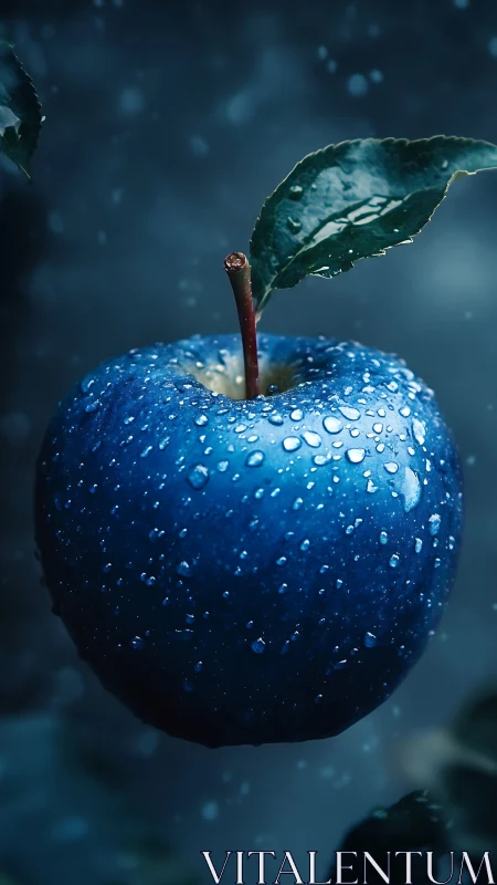 Blue apple hangs in mist with water droplets glistening