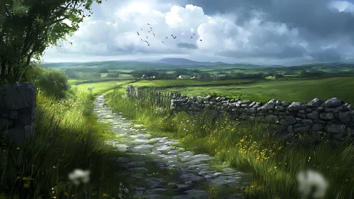 Sunlit stone path cutting through vibrant rural meadows.