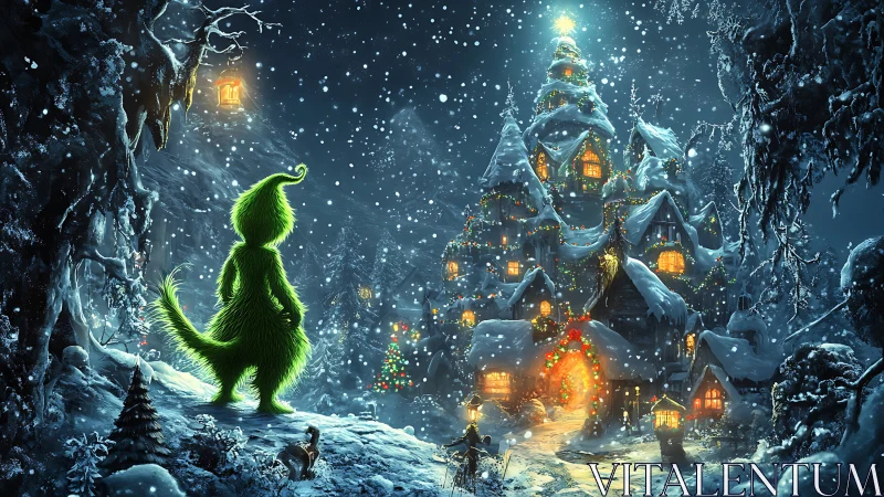 Furry green creature overlooking glowing snowy Christmas village.