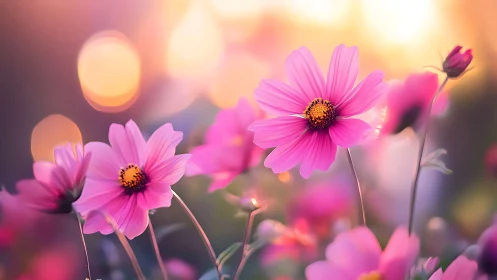 Cosmos Flowers with Golden Hour Bokeh: Shallow Depth Field Floral Composition