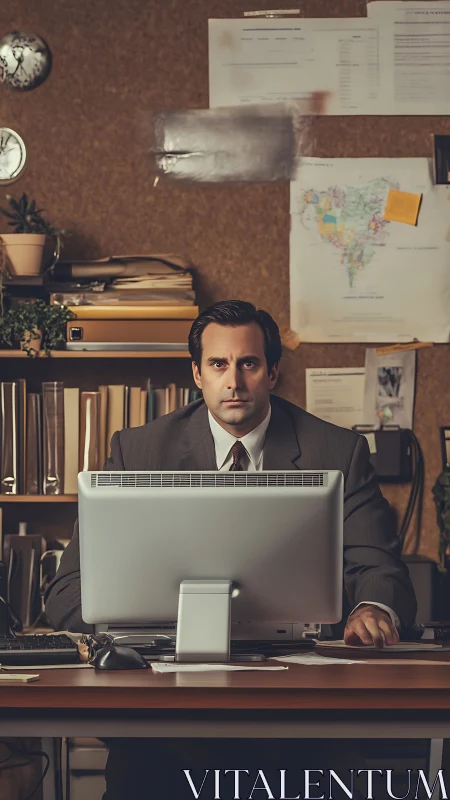 Midlevel office worker focused at vintage desktop workstation.