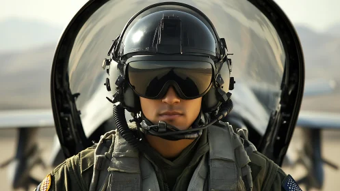 Jet pilot portrait in cockpit with flight gear on.