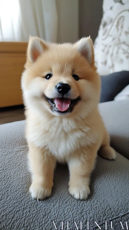 Bright-eyed fluffy puppy smiles happily on a cozy sofa