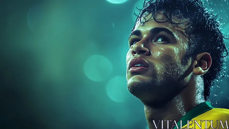 Sweat‑lit footballer under cyan stadium bokeh illumination.