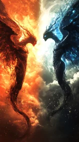 Elemental phoenix spirits clash in blazing celestial duel.