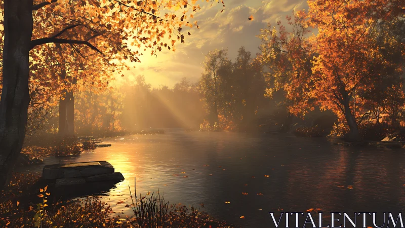 Autumn river at sunset in photorealistic 3D environment design.