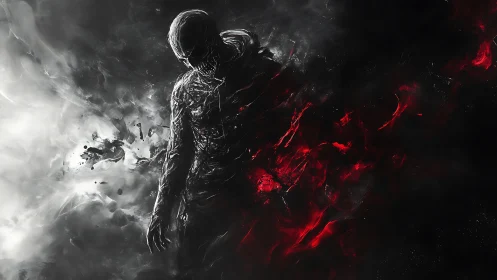 Monochrome void entity dissolving into red spectral energy