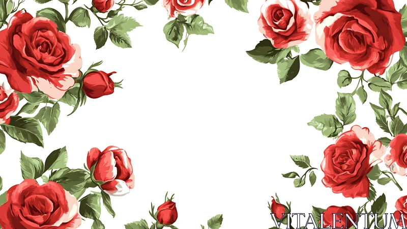 Botanical Floral Composition with Stratified Red Roses and Verdant Foliage.
