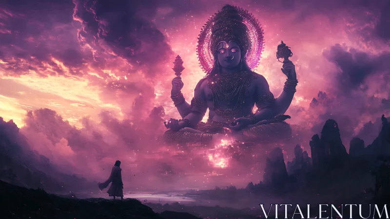 Colossal luminous deity emerges from nebular sky over wanderer