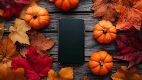 Autumn Harvest Smartphone Display on Weathered Wood Surface.