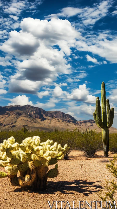 Desert landscape with cacti under broad clouded sky.