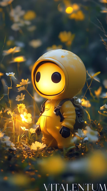 Glow-eyed wanderbot in buttercup dusk meadow dreamscape.