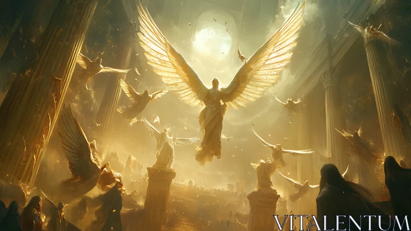 Radiant golden angels ascend through monumental temple hall