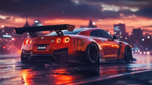 Widebody Nissan GT‑R on wet urban rooftop at neon dusk