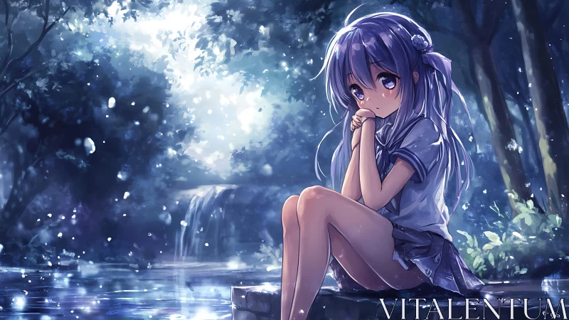 Moonlit anime girl beside glowing forest waterfall pond.