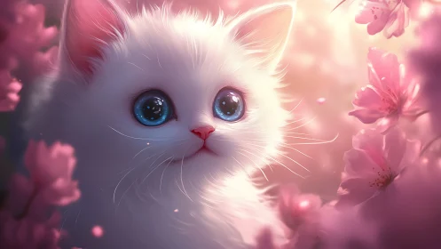 White feline subject with blue ocular features surrounded by pink floral elements.