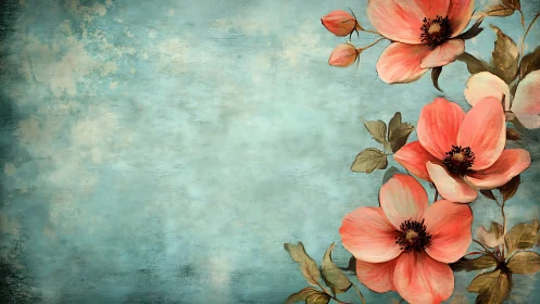 Coral blossoms drift along a weathered teal canvas background.