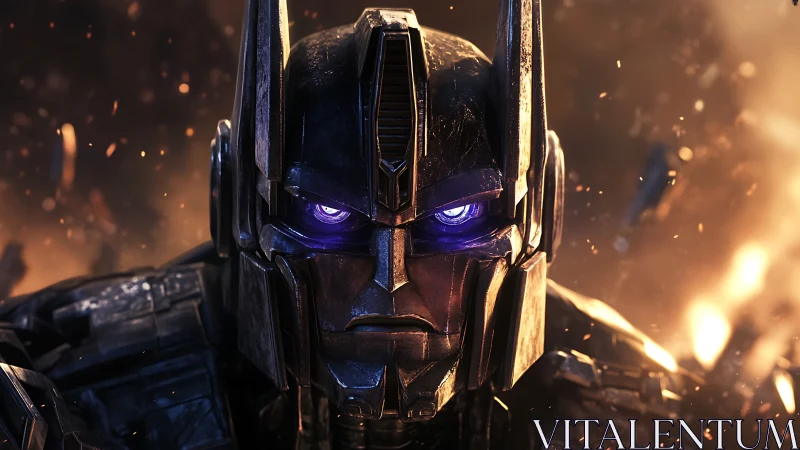 Battle-scarred mech warrior stares ahead amid burning embers