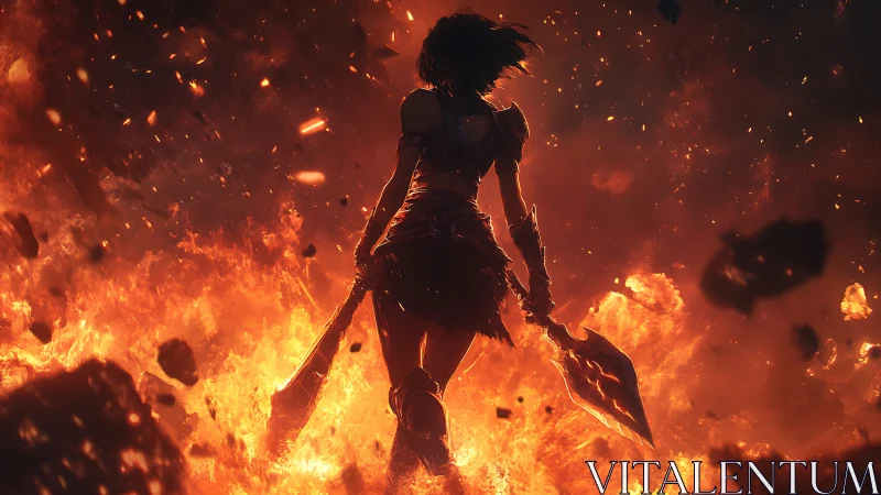 Bladed ember warrior striding through an ocean of fire.