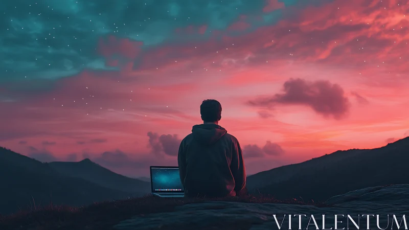 Person with laptop watching vivid pink and teal sunset sky.