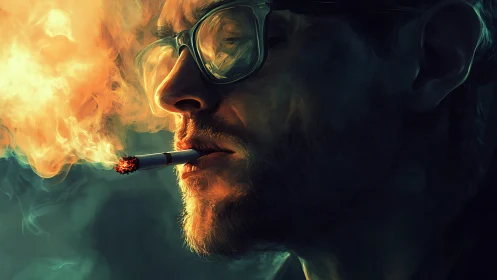 Moody portrait glows with ember light and drifting smoke.