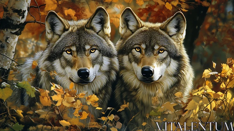 Twin amber-eyed wolves resting in a storm of autumn leaves.