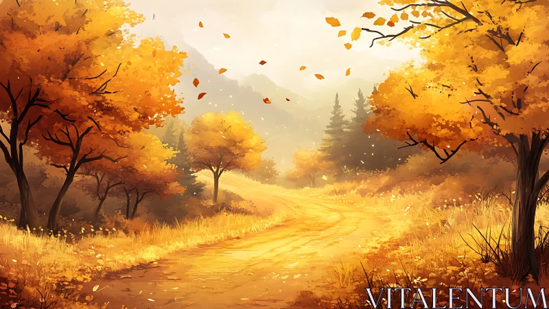 Curved dirt path crosses autumn forest with golden foliage