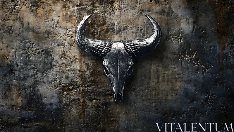Bull skull wall artwork on textured dark concrete background.