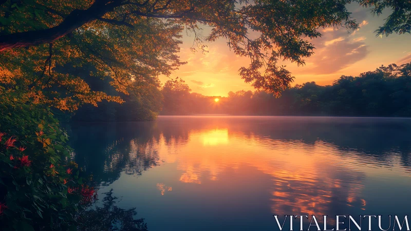 Calm forest lake sunset with reflected orange sky.