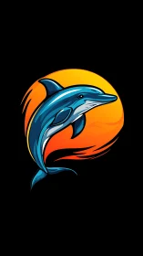 Stylized blue dolphin illustration over orange sun disk.