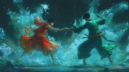 Two anime warriors clash amid stormy turquoise ocean waves