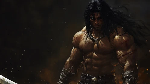 Battle-scarred barbarian stalks through ember-choked gloom.