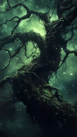 Twisted moss-covered tree trunk in foggy green atmosphere.