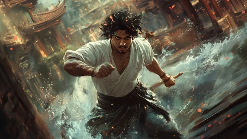Martial artist charges through turbulent water in city