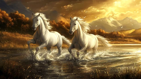 Twin white stallions charging through glowing river sunrise.