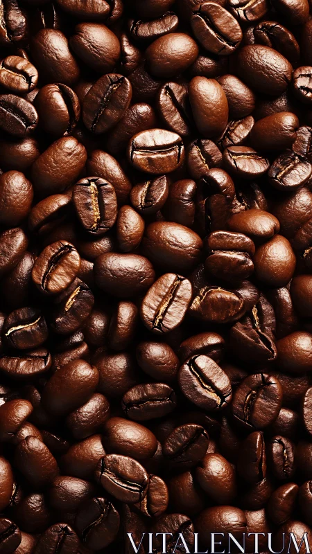 Roasted coffee beans in tight vertical close up arrangement.