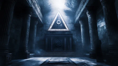 Ancient stone temple interior frames glowing all seeing triangle