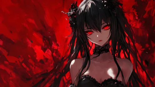 Dark haired anime girl with red eyes on abstract red backdrop.