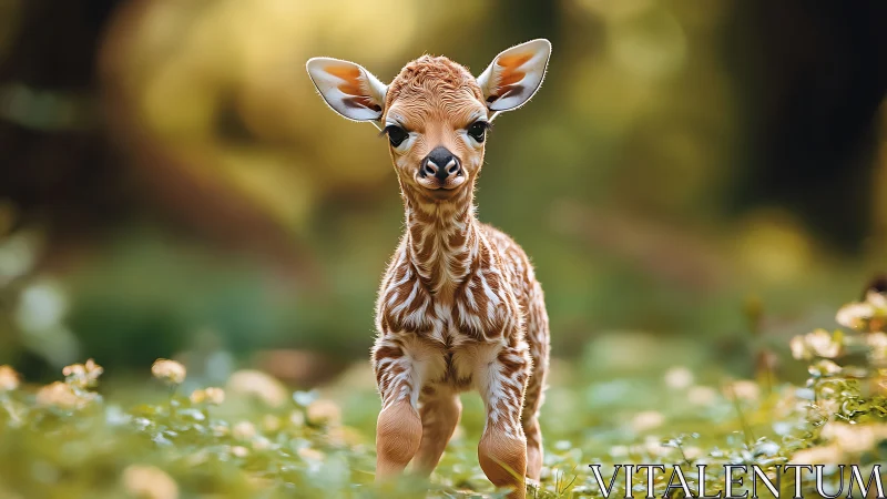 Gentle baby giraffe exploring a sunlit forest meadow.